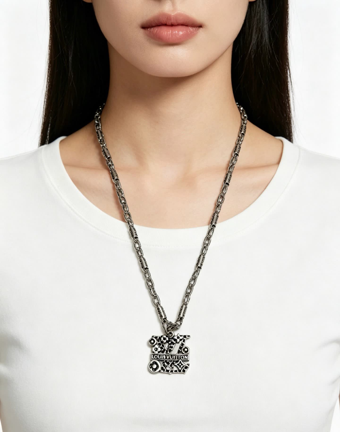 Louis Vuitton Silver Chain with Logo Pendant